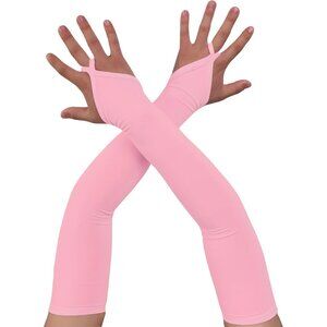 Women's Pink Finger Loop Fingerless Satin Long Gloves Halloween Party Costume